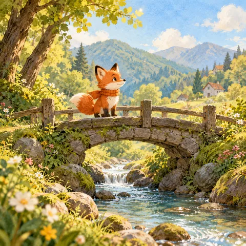 Fox on a woodland bridge