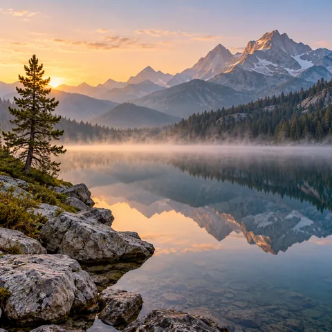 Misty mountain lake